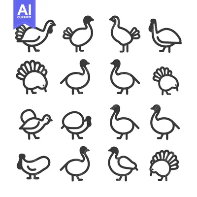 Aset desain premium: A Set of Sixteen Line Drawings of Turkeys in Various Poses