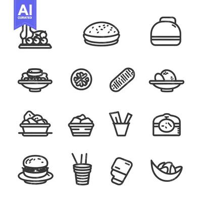 Aset desain premium: A Set of Sixteen Outline Icons Depicting Various Food Items