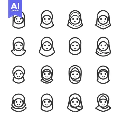 Aset desain premium: A Set of Sixteen Outline Icons of Muslim Women Wearing Hijab