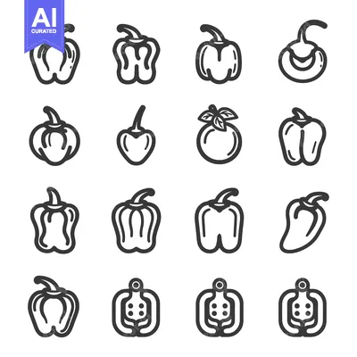 Aset premium populer: A Set of Sixteen Outline Illustrations of Bell Peppers