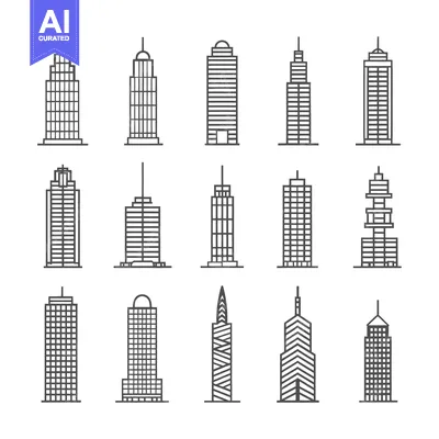 Aset premium populer: A Set of Sixteen Outline Illustrations of Modern Skyscrapers