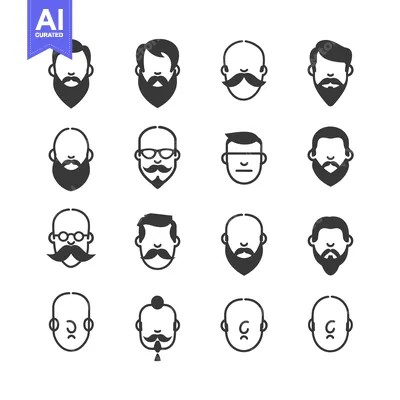 Aset desain premium: A Set of Sixteen Simple Black and White Illustrations of Men's Faces w