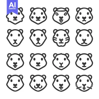 Aset premium populer: A Set of Sixteen Simple Line Drawings of Animal Faces