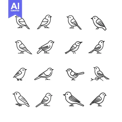 Aset premium populer: A Set of Sixteen Simple Line Drawings of Birds