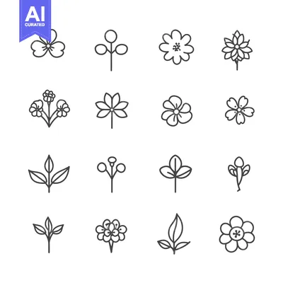 Aset premium populer: A Set of Sixteen Simple Line Drawings of Flowers and Leaves
