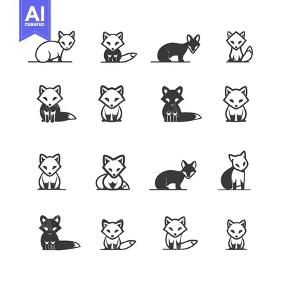Aset premium populer: A Set of Sixteen Stylized Fox Illustrations in Black and White