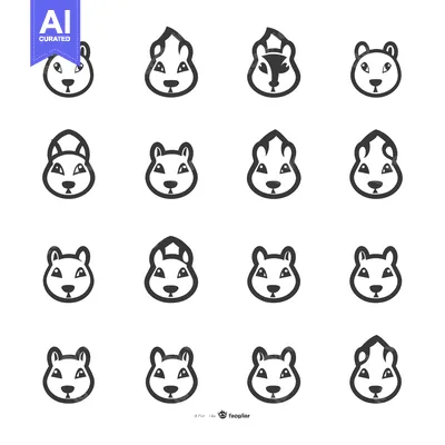 Aset premium populer: A Set of Sixteen Stylized Squirrel Faces in Black and White