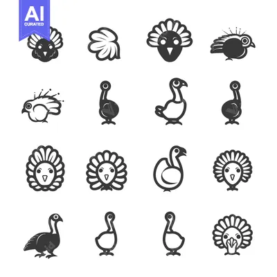 Aset desain premium: A set of sixteen stylized turkey illustrations in various poses