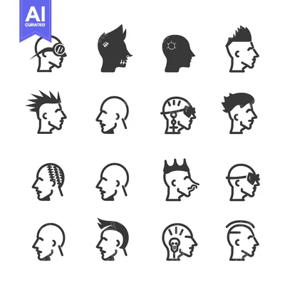 Aset desain premium: A Set of Sixteen Unique Male Hairstyle and Head Silhouette Icons