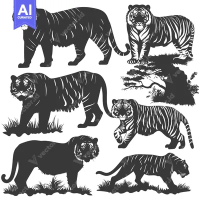 Aset premium populer: A Set of Six Tiger Silhouettes with Grass and a Tree