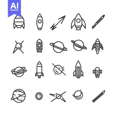 A Set of Space-Themed Line Icons Depicting Rockets, Planets, and Satel