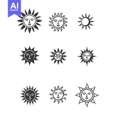 Aset desain premium: A Set of Stylized Sun Icons with Faces and Rays