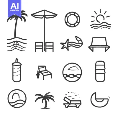 Aset desain premium: A Set of Summer Beach Vacation Icons in Black and White