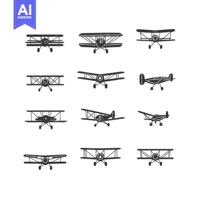 A Set of Twelve Black and White Biplane Illustrations
