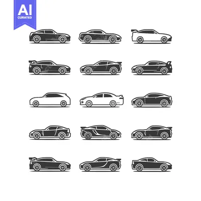 A Set of Twelve Black and White Car Silhouettes in Side View