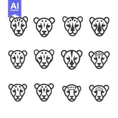 Aset desain premium: A Set of Twelve Black and White Cheetah Head Icons
