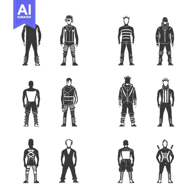 Popular premium asset: A set of twelve black and white illustrations of male punk fashion fig