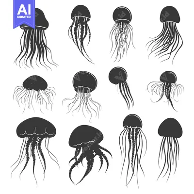 Aset premium populer: A Set of Twelve Black and White Jellyfish Silhouettes