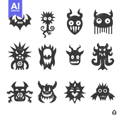 Aset desain premium: A Set of Twelve Black and White Monster Silhouettes