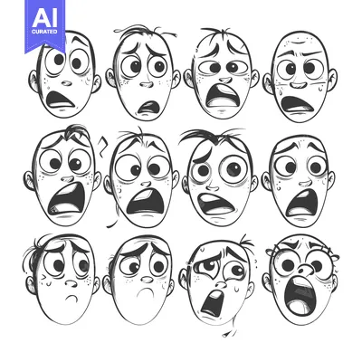 Aset desain premium: A Set of Twelve Cartoon Faces Expressing Fear and Panic