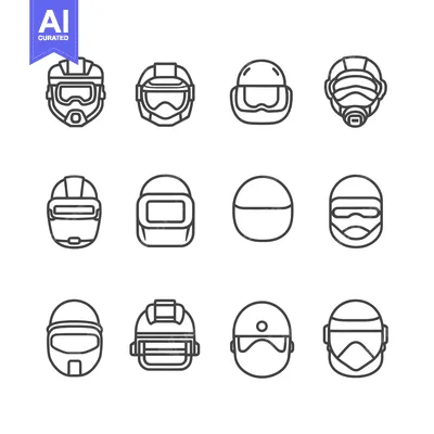 A Set of Twelve Different Types of Helmets Illustrated in Line Art