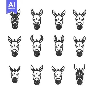 Aset premium populer: A Set of Twelve Donkey Head Icons in Black and White