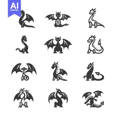 Aset premium populer: A Set of Twelve Dragon Silhouettes with Varying Poses and Wing Positio