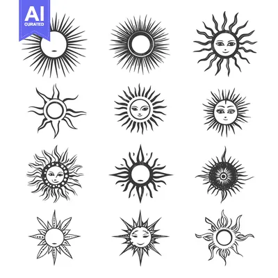 Premium design asset: A Set of Twelve Hand-Drawn Sun Illustrations with Unique Ray Styles
