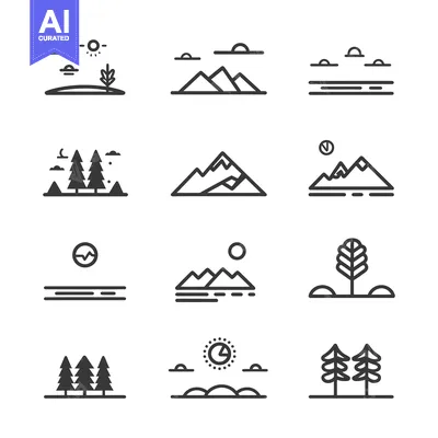Aset desain premium: A Set of Twelve Landscape Icons Depicting Various Natural Scenes
