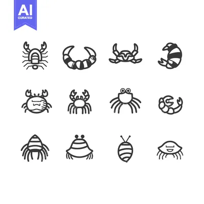 Aset premium populer: A Set of Twelve Line Art Illustrations Depicting Various Types of Crab