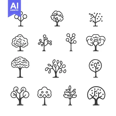 Aset premium populer: A Set of Twelve Line Art Tree Icons with Different Styles and Shapes