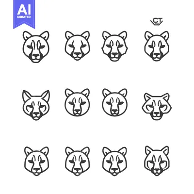 Aset premium populer: A Set of Twelve Line Drawings of a Cheetah's Head Facing Forward
