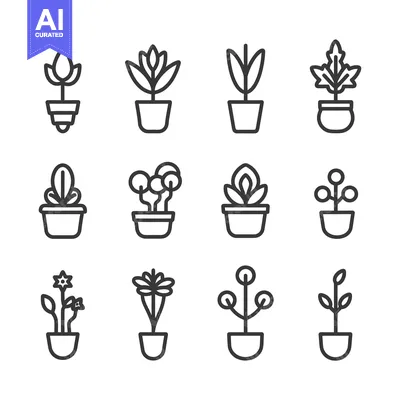 Aset desain premium: A Set of Twelve Line Drawings of Potted Plants