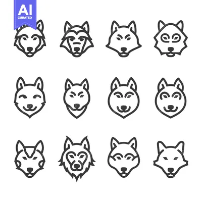 Aset desain premium: A Set of Twelve Line Drawings of Wolf Heads