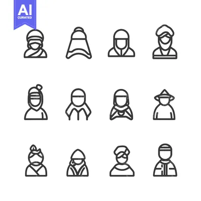 Aset desain premium: A Set of Twelve Line Icons Depicting Individuals Wearing Various Headw