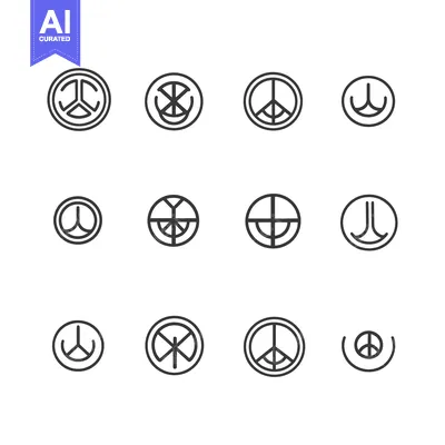 Aset desain premium: A Set of Twelve Peace Sign Variations in Black Outline