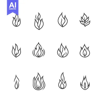 Aset desain premium: A Set of Twelve Simple Flame Icons in Black Outline
