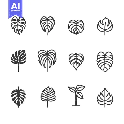 Aset premium populer: A set of twelve simple line art tropical leaf illustrations