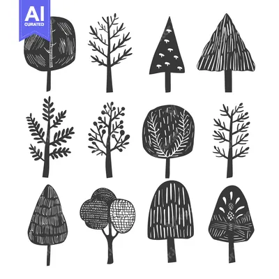 Aset desain premium: A Set of Twelve Stylized Black and White Trees
