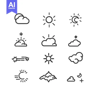 Aset desain premium: A Set of Twelve Weather Icons Featuring Sun, Moon, Clouds, and Snow