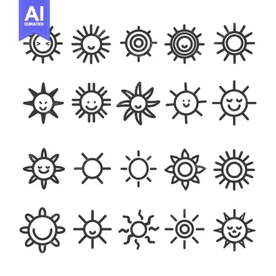 Popular premium asset: A Set of Twenty Black and White Sun Icons with Various Designs and Exp
