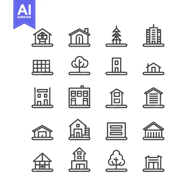 Aset desain premium: A Set of Twenty Black Outline Icons Depicting Various Buildings and Tr