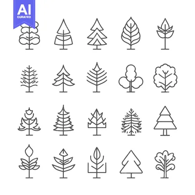Aset desain premium: A Set of Twenty Line Drawings of Various Types of Trees