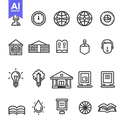 Aset desain premium: A Set of Twenty Simple Black and White Line Icons Related to Learning