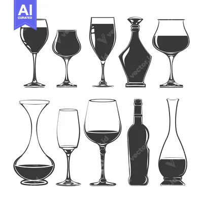 Aset desain premium: A Set of Wine Glasses, Decanters, and Bottles