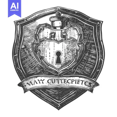 Aset desain premium: A shield with a heart shaped padlock and a banner underneath