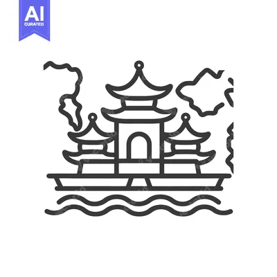 Aset desain premium: Stylized Illustration Of Asian Inspired Buildings On Water
