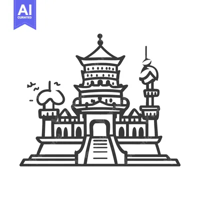 Aset desain premium: An illustrative black and white drawing of a tiered building