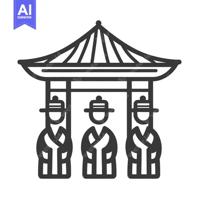 Aset desain premium: Three figures are standing under a traditional Asian style structure