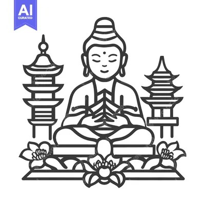 A peaceful drawing of a seated figure with temples and flowers